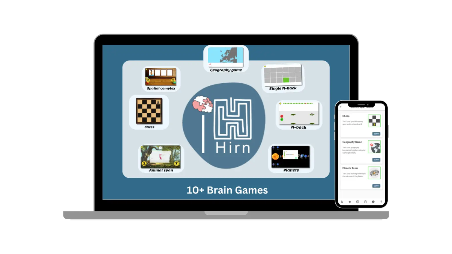 The image displays a digital interface showcasing "Hirn," featuring various brain games on a laptop and smartphone. Games include Chess, Geography Game, N-back, and Animal Span, highlighted to promote cognitive skills. The main title reads "10+ Brain Games," emphasizing the focus on mental challenges.